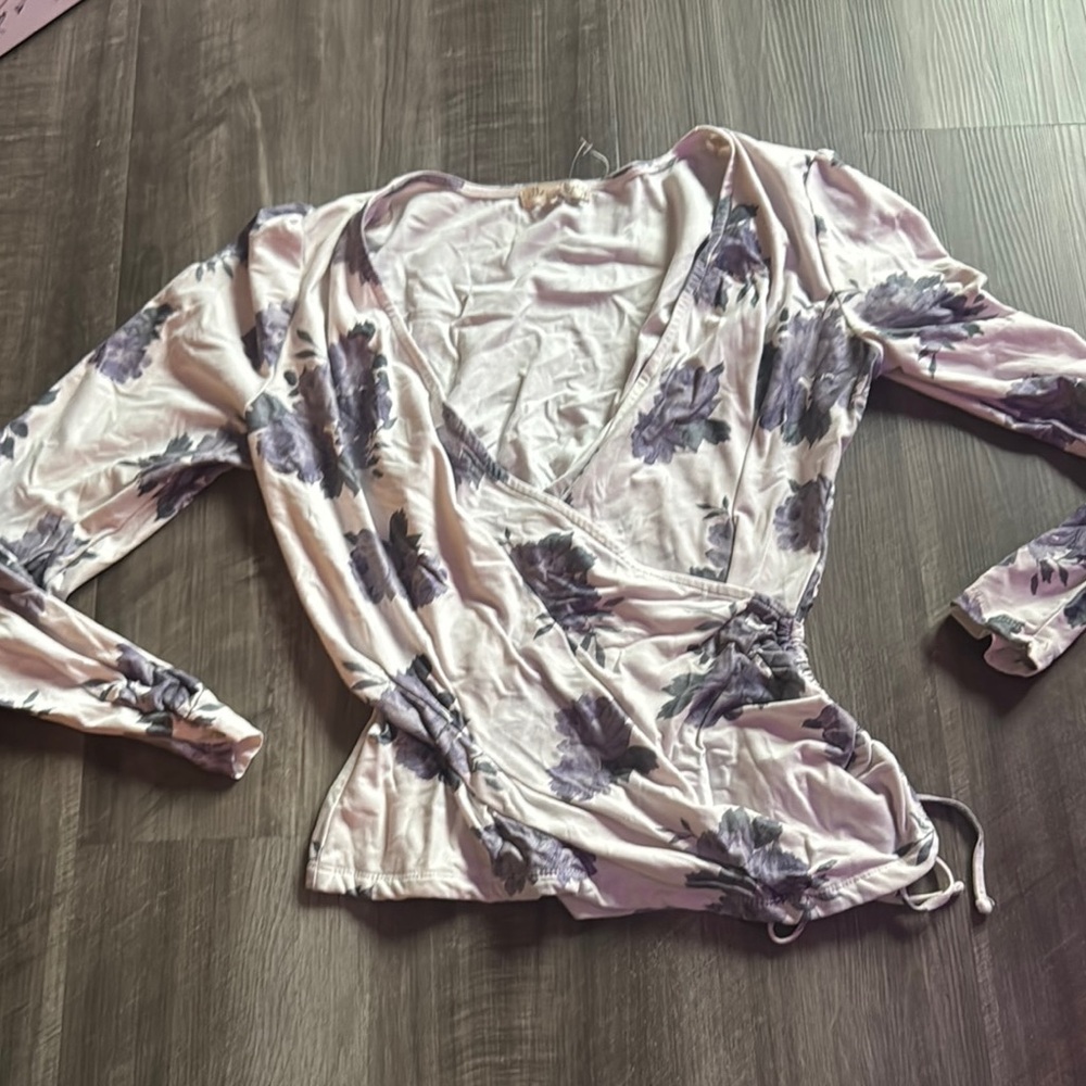 White long sleeve blouse with blue flowers